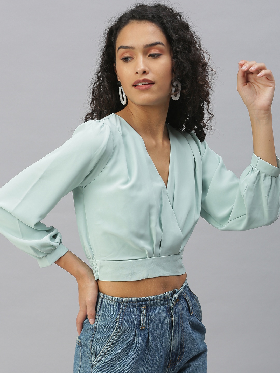

SHOWOFF Sea Green Crepe Blouson Crop Top