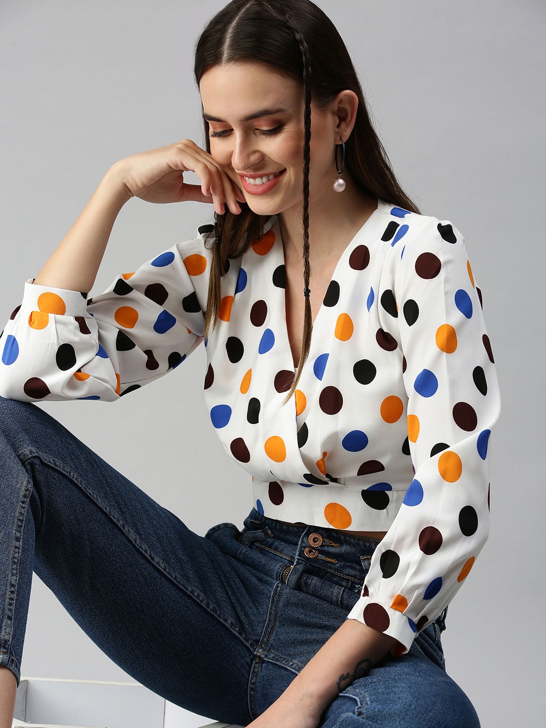 

SHOWOFF Women Off White Polka Dot Printed Crepe Blouson Crop Top