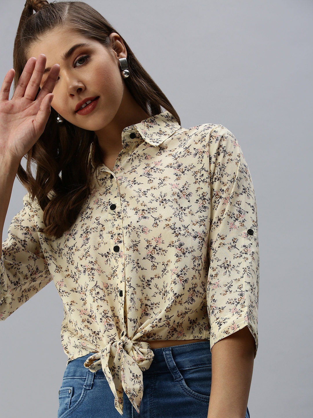 

SHOWOFF Yellow Floral Print Shirt Style Crop Top