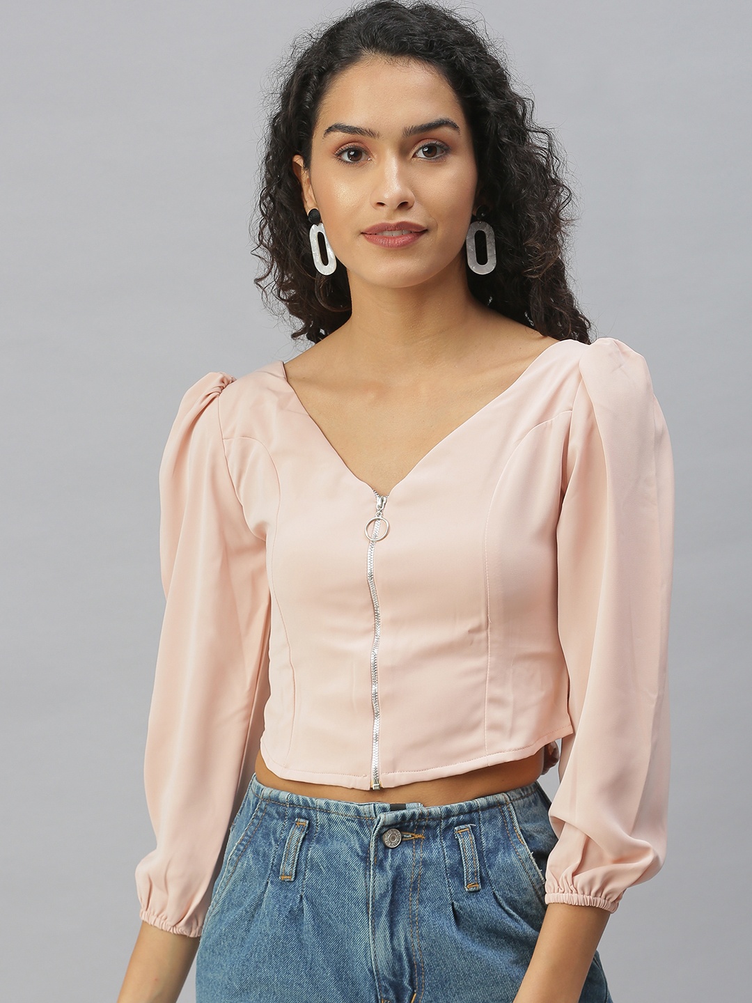 

SHOWOFF Peach-Coloured V-Neck Crepe Crop Top