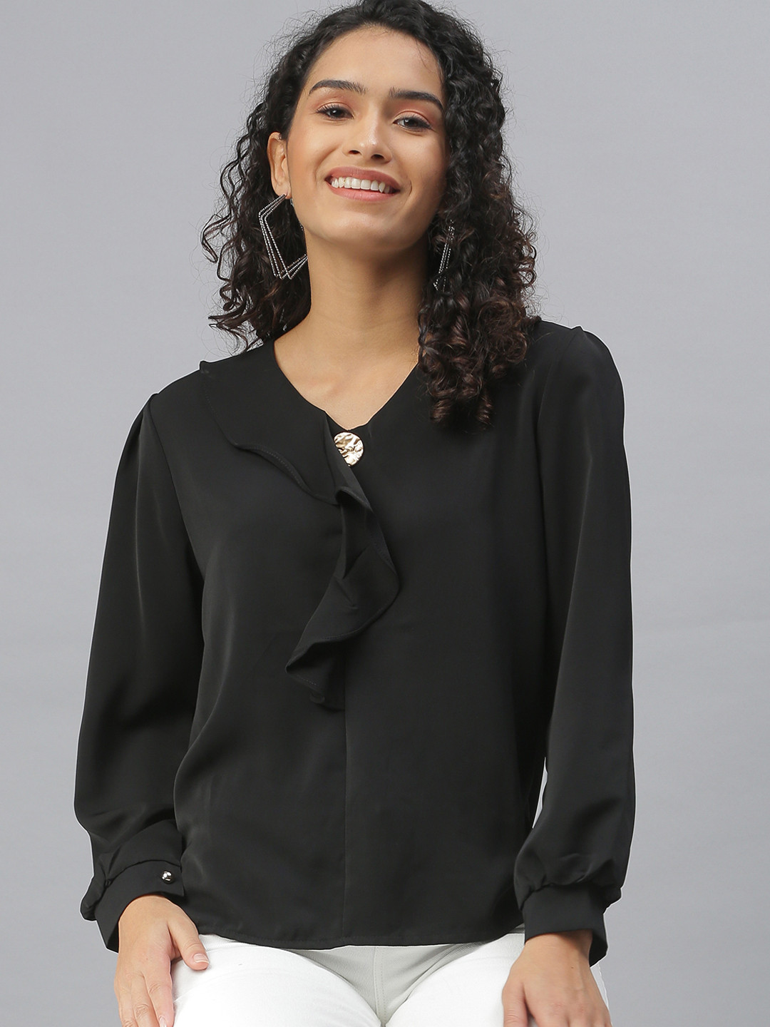 

SHOWOFF Women Black Solid Ruffles Top