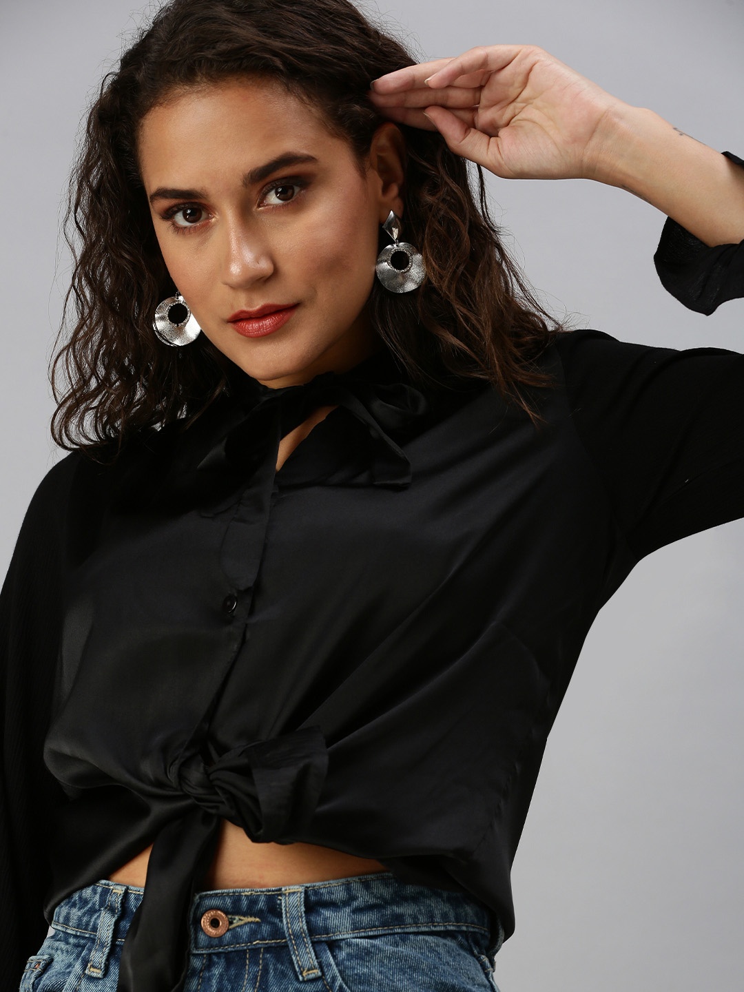 

SHOWOFF Black Satin Solid Tie-Up Neck Shirt Style Regular Top