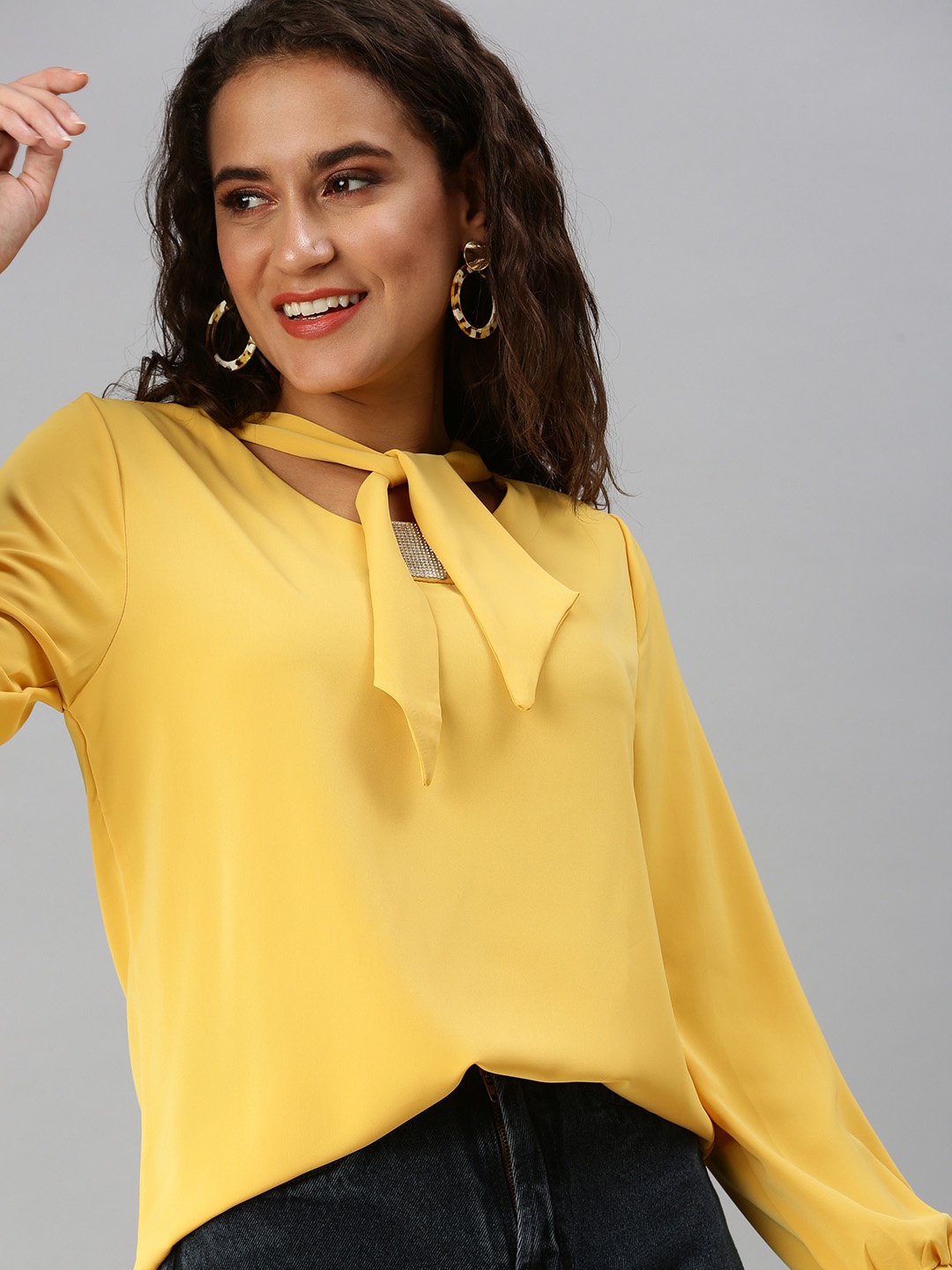 

SHOWOFF Mustard Yellow Tie-Up Neck Top