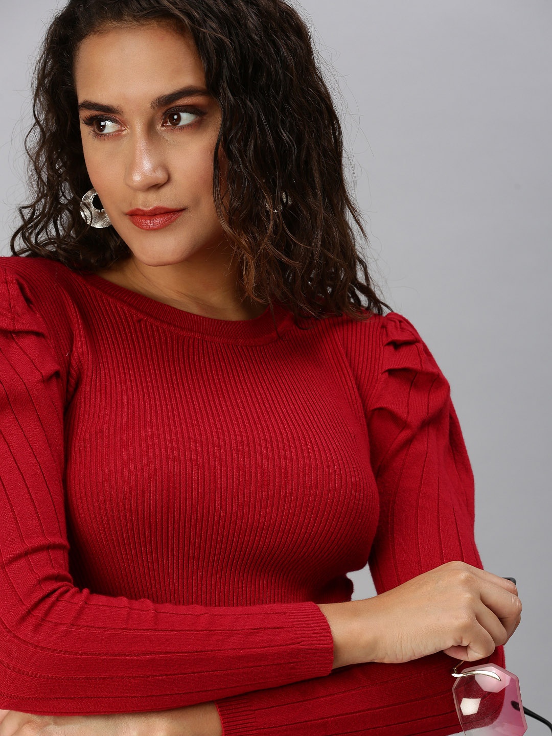 

SHOWOFF Red Solid Twisted Acrylic Long Sleeves Knitted Top