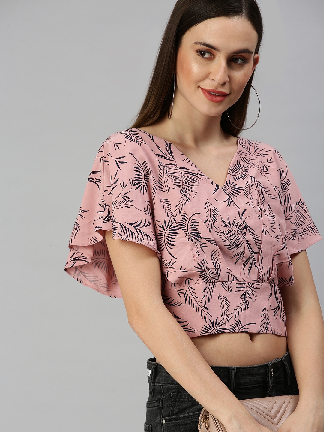 

SHOWOFF Mauve & Black Tropical Printed Crepe Wrap Crop Top