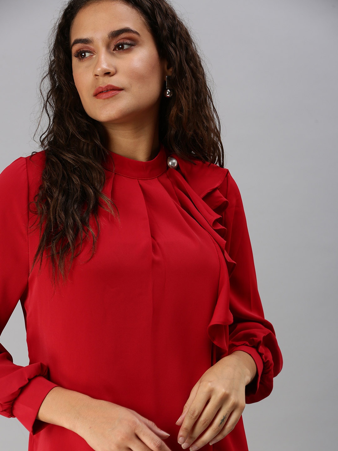 

SHOWOFF Red Solid Mandarin Collar Ruffles Top