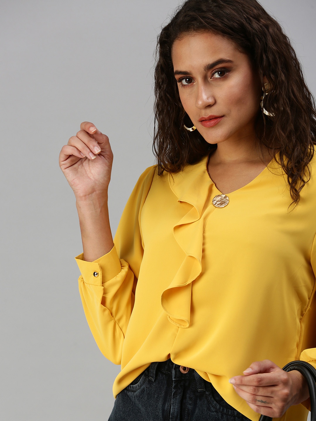 

SHOWOFF Yellow Solid Ruffles Top