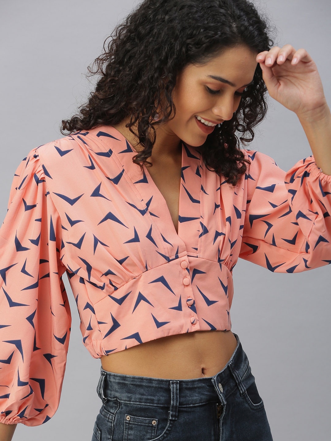 

SHOWOFF Peach-Coloured & Navy Blue Printed V-Neck Crepe Crop Top