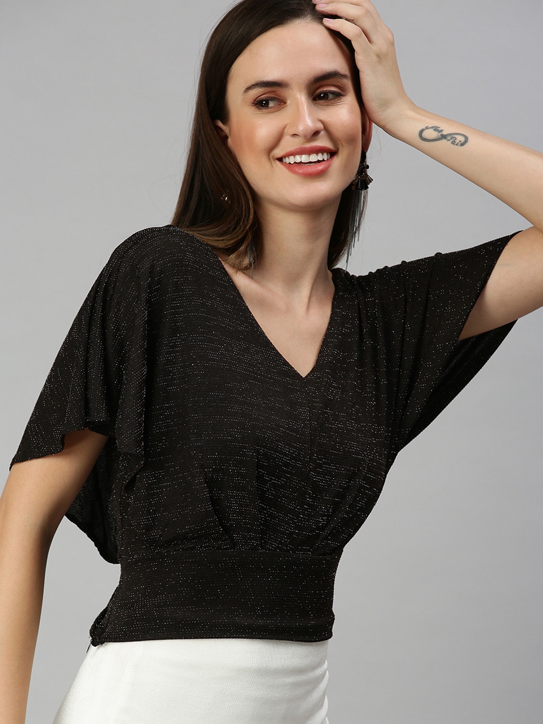 

SHOWOFF Black V-Neck Shimmer Styled Back Top