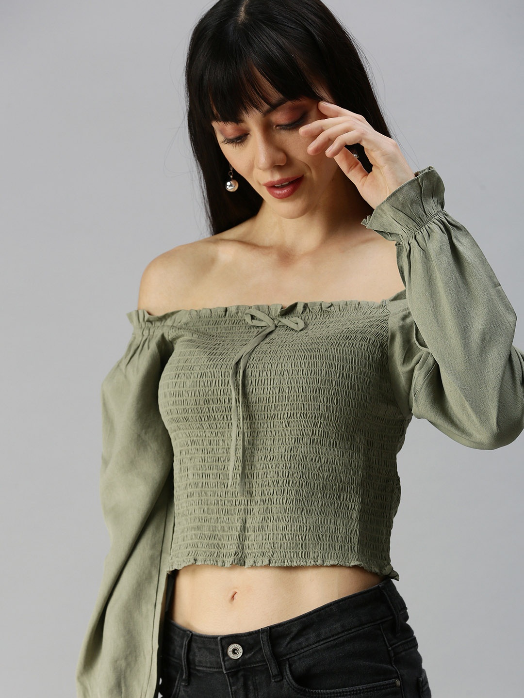 

SHOWOFF Olive Green Off-Shoulder Bardot Top