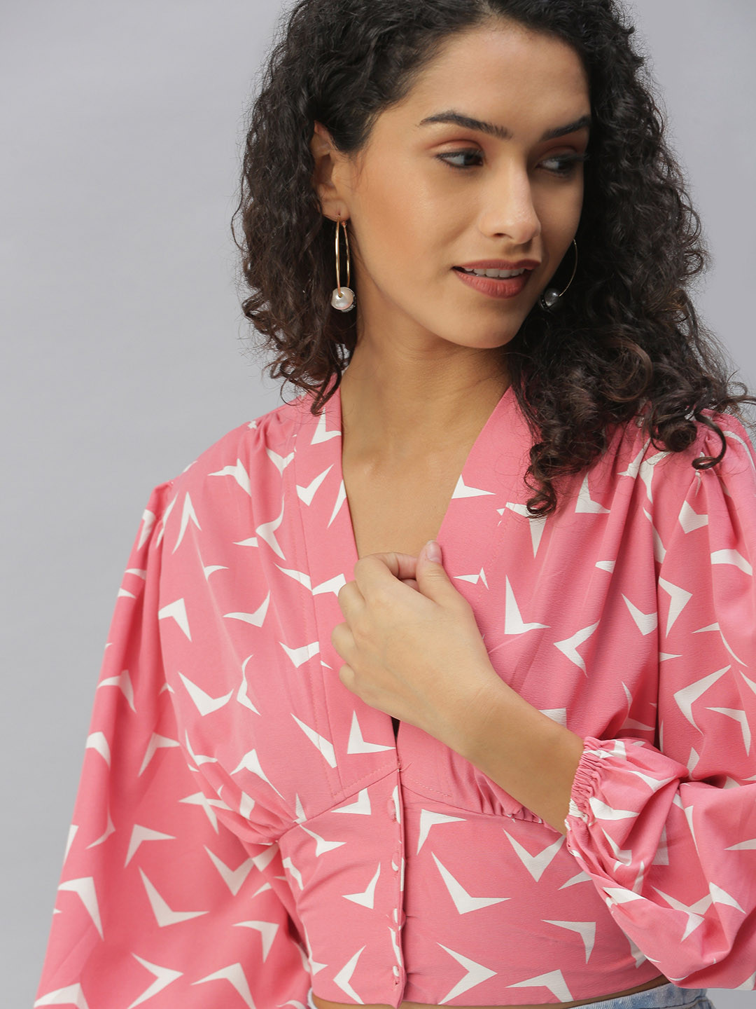 

SHOWOFF Pink Geometric Print Crepe Shirt Style Top