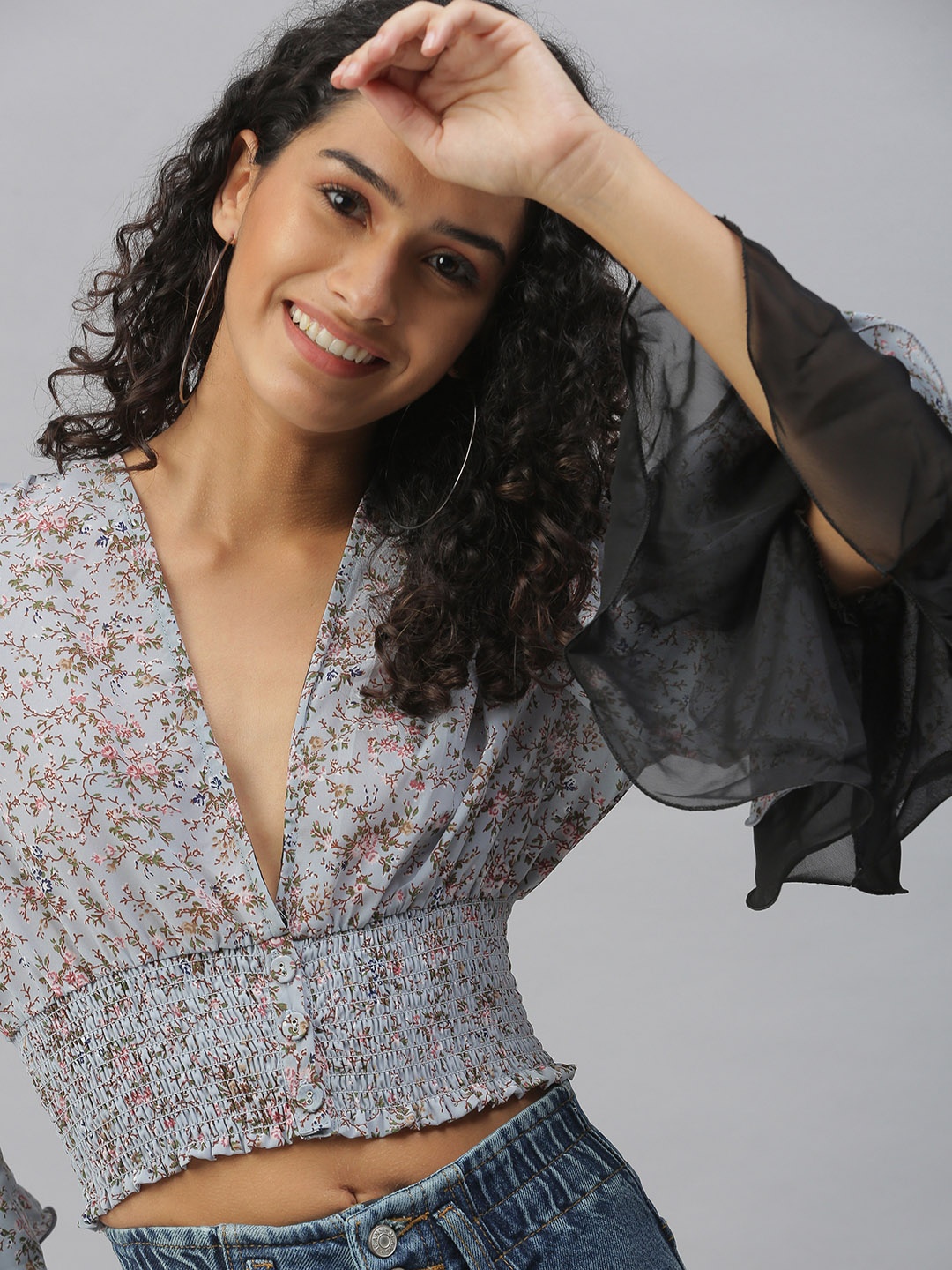 

SHOWOFF Grey Floral Print Georgette Smocked Cinched Waist Crop Top