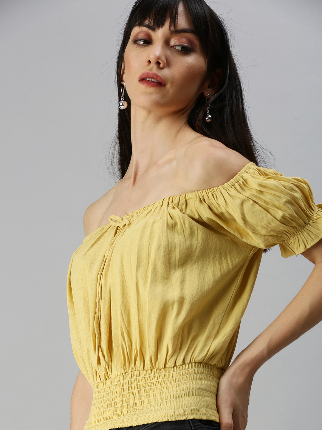 

SHOWOFF Yellow Off-Shoulder Smocked Bardot Top