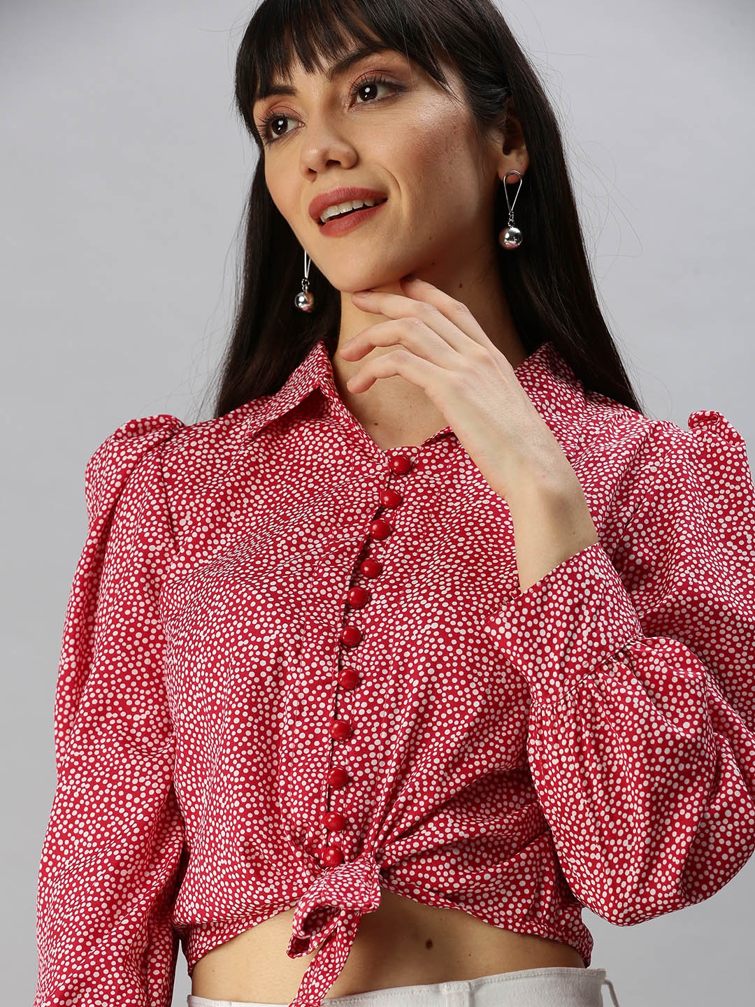 

SHOWOFF Red Print Shirt Style Crop Top