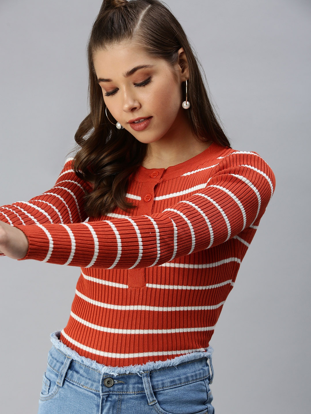 

SHOWOFF Women Orange Striped Fitted Crop Top
