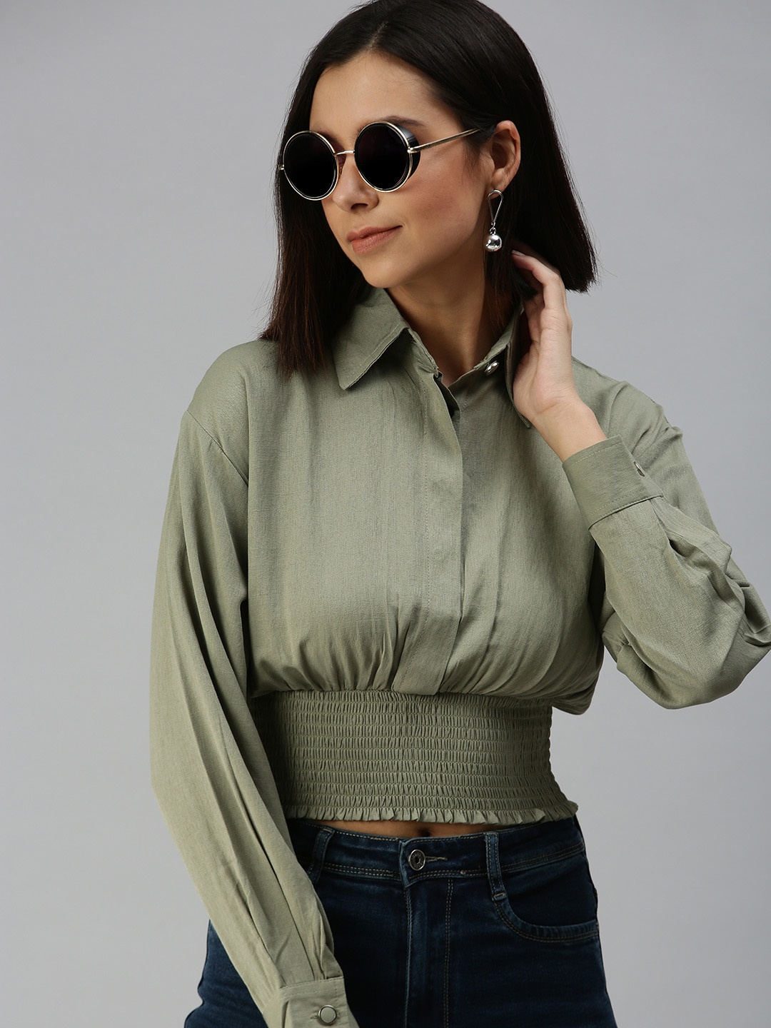 

SHOWOFF Olive Green Smocked Shirt Style Crop Top