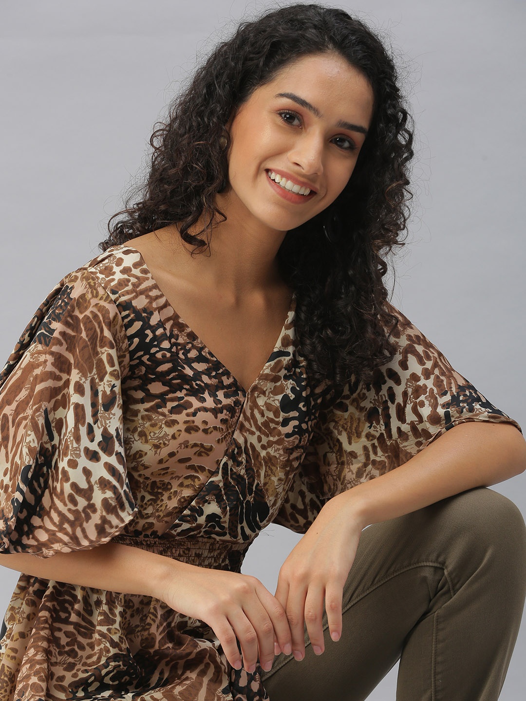 

SHOWOFF Brown Animal Print Crepe Wrap Top