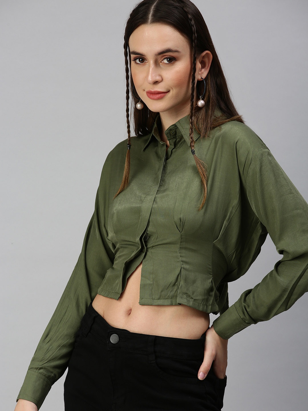 

SHOWOFF Women Olive Green Solid Shirt Style Top