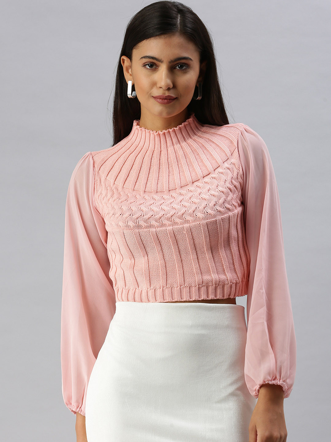 

SHOWOFF Peach-Coloured High Neck Knitted Acrylic Crop Top