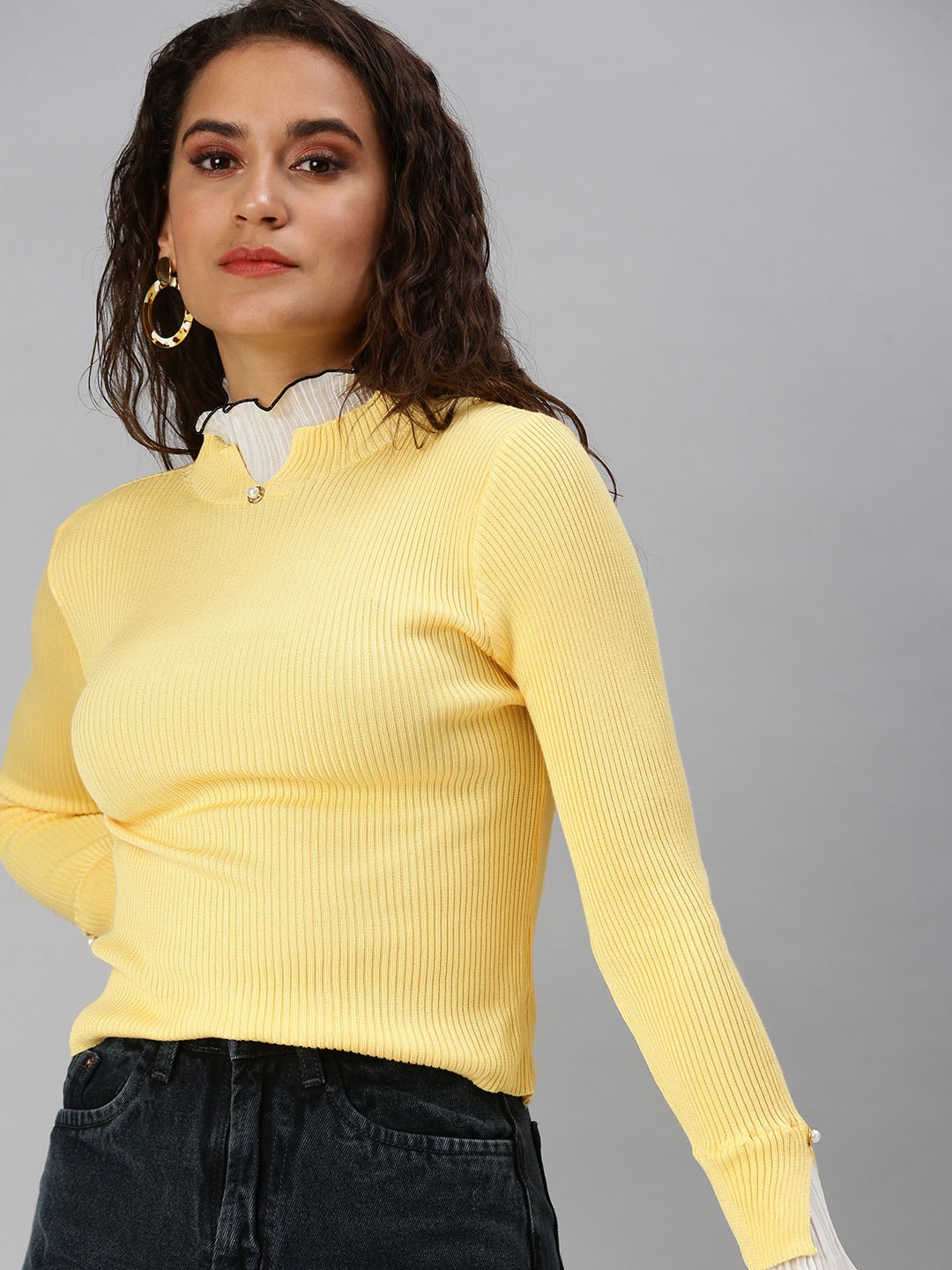 

SHOWOFF Yellow High Neck Fitted Knitted Top