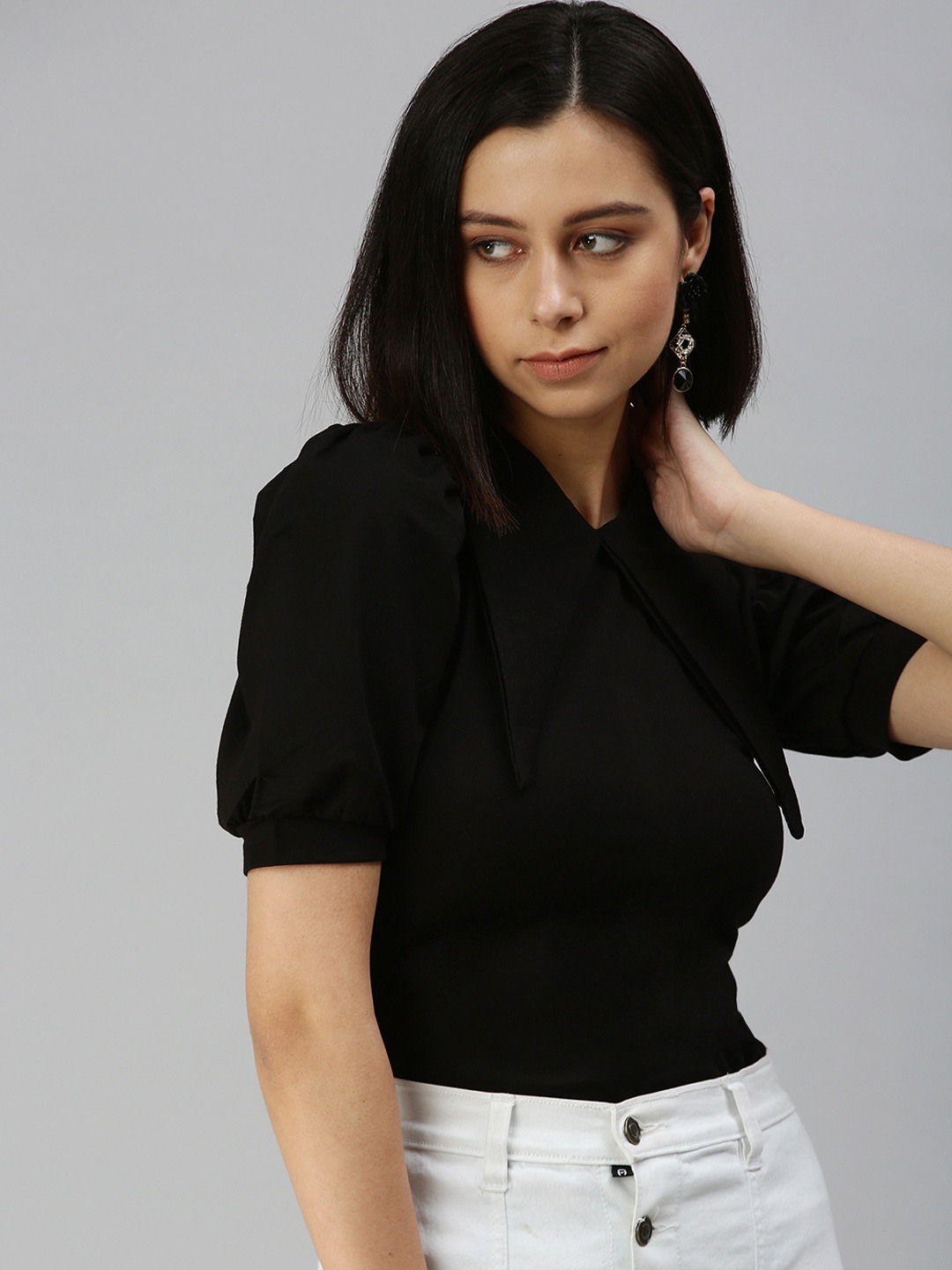 

SHOWOFF Black Keyboard Collar Puff Sleeves Monochrome Fitted Top