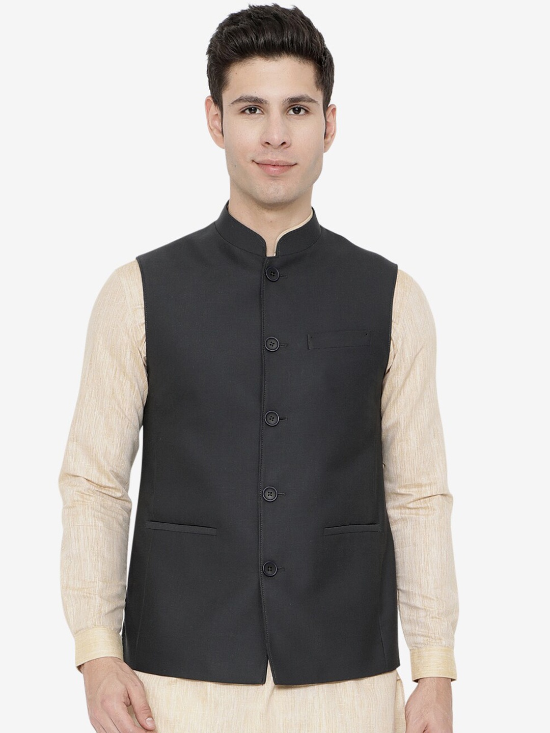 

JADE BLUE Men Grey Solid Woven Nehru Jackets