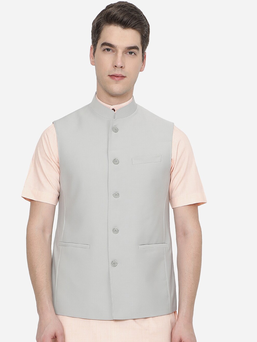 

JADE BLUE Men Grey Solid Nehru Jackets