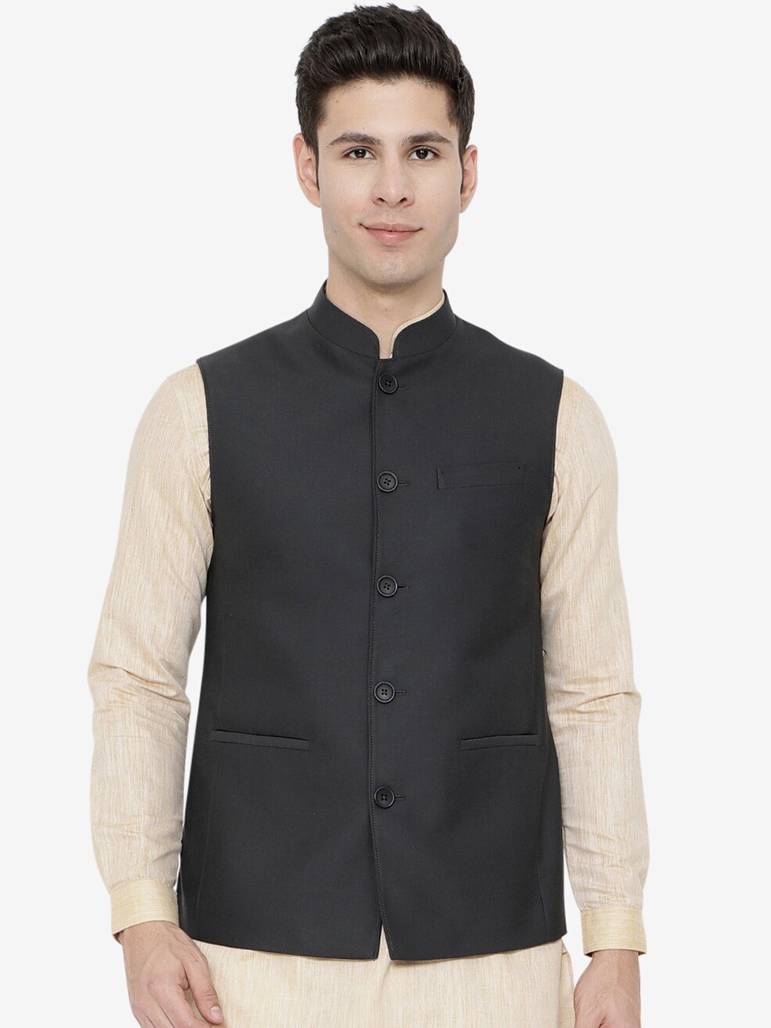

JADE BLUE Men Solid Woven Nehru Jackets, Grey