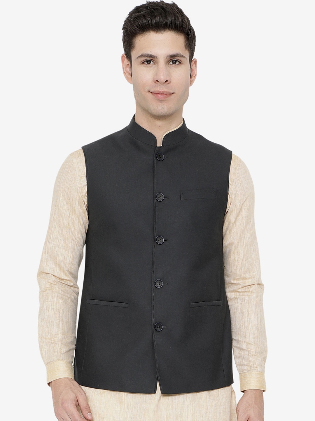 

JADE BLUE Men Grey Solid Woven Nehru Jackets