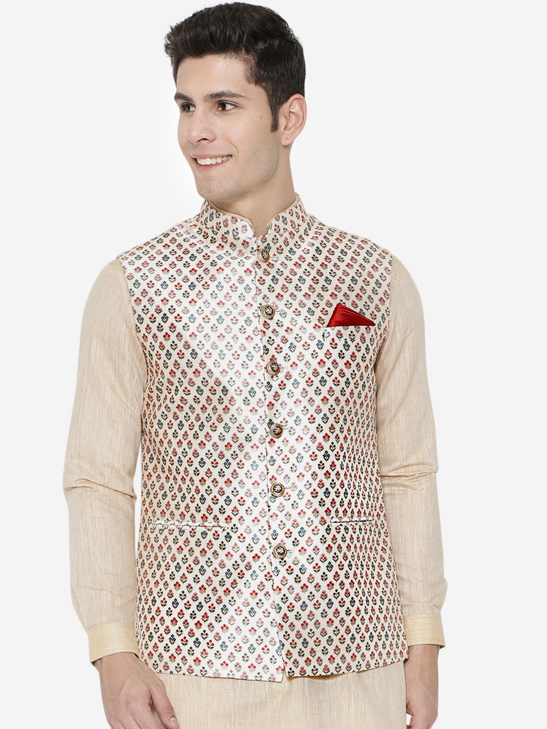 

Greenfibre Men Beige & Red Printed Waistcoat