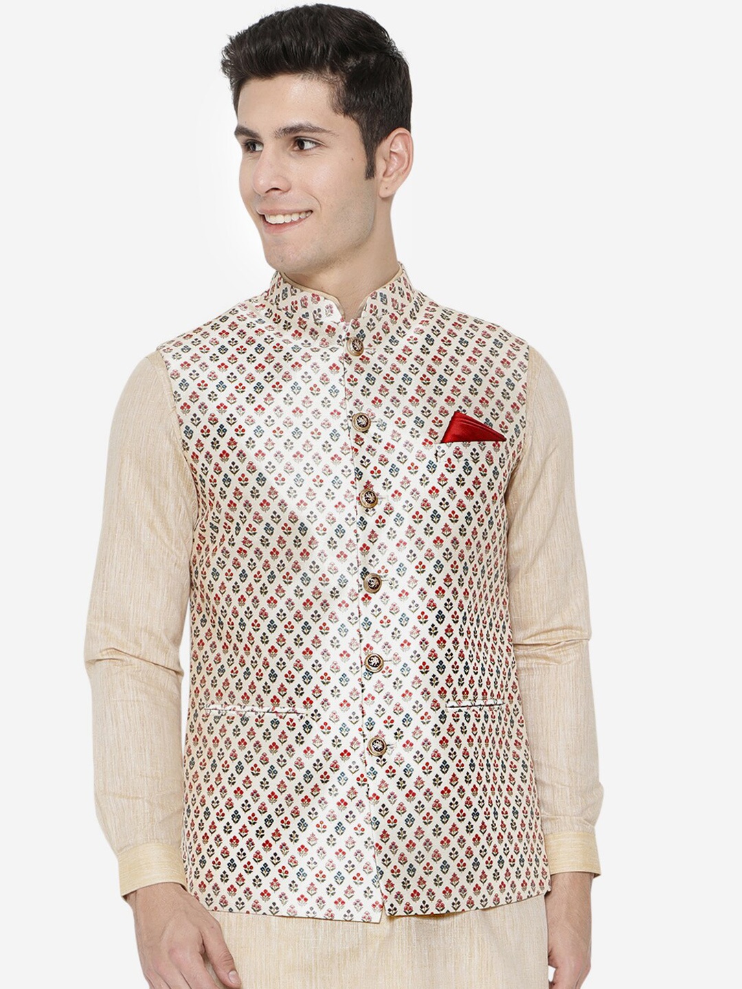 

Greenfibre Men Beige Ethnic Motifs Printed Nehru Jacket