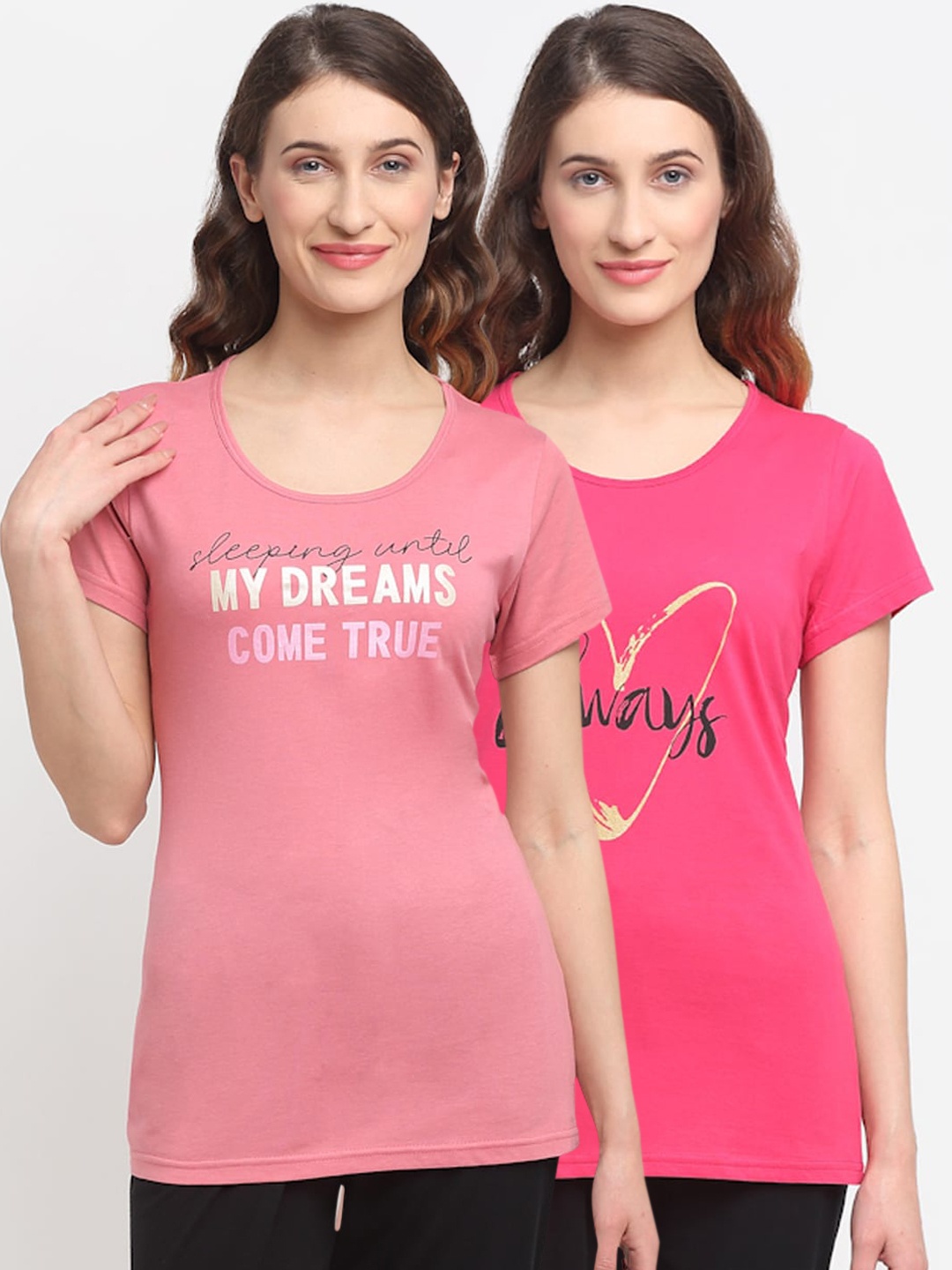 

Kanvin Women Pack Of 2 Pink & Light Pink Printed Lounge Tshirts