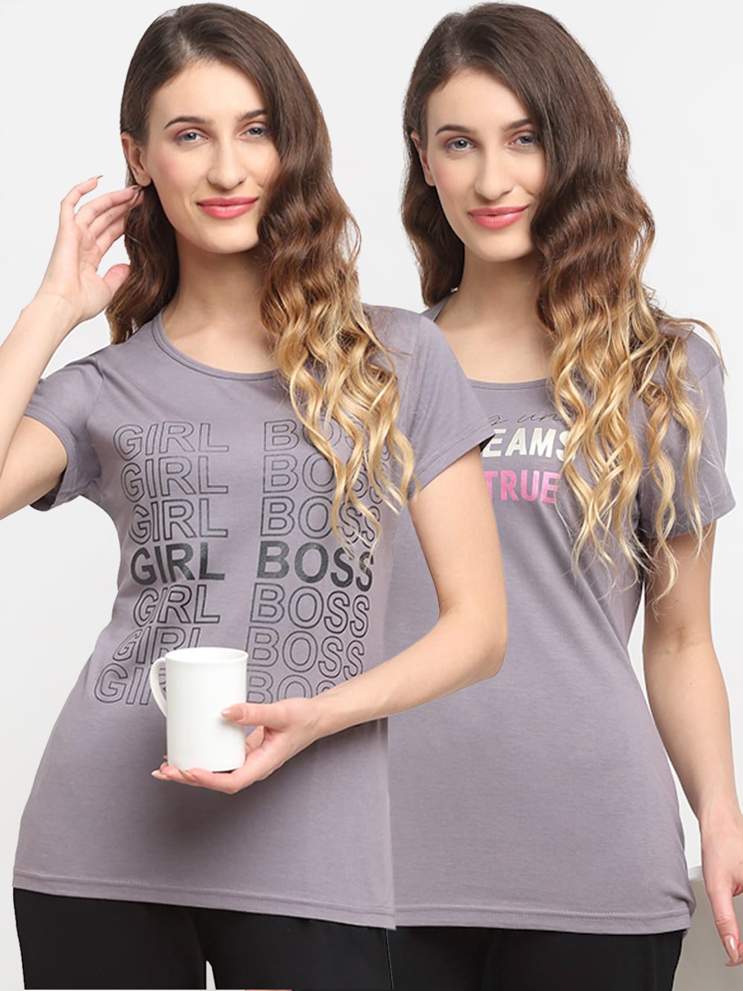 

Kanvin Women Pack Of 2 Printed Lounge T-Shirts, Grey
