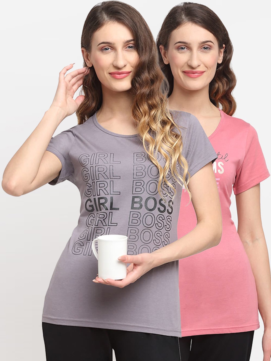 

Kanvin Women Pack Of 2 Printed Lounge T-shirts, Pink