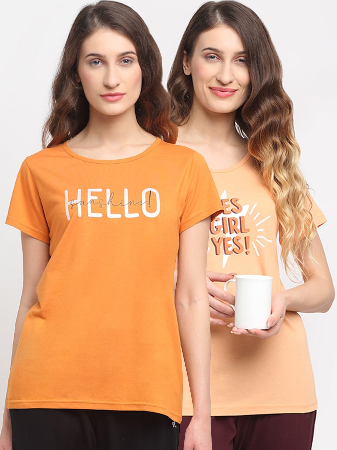 

Kanvin Women Pack Of 2 Printed Lounge T-Shirts, Orange