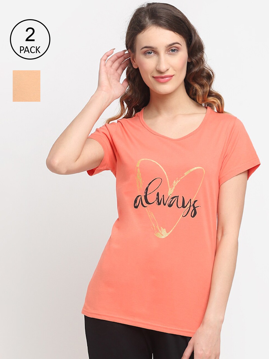 

Kanvin Women Pack Of 2 Peach & Orange Printed Lounge Tshirts
