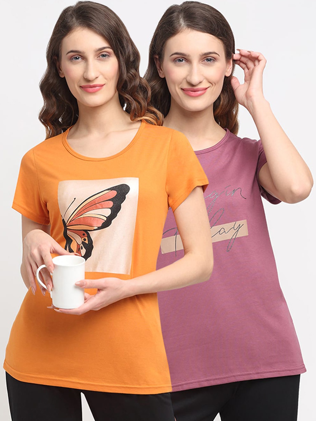 

Kanvin Women Pack Of 2 Printed Lounge T-Shirts, Purple