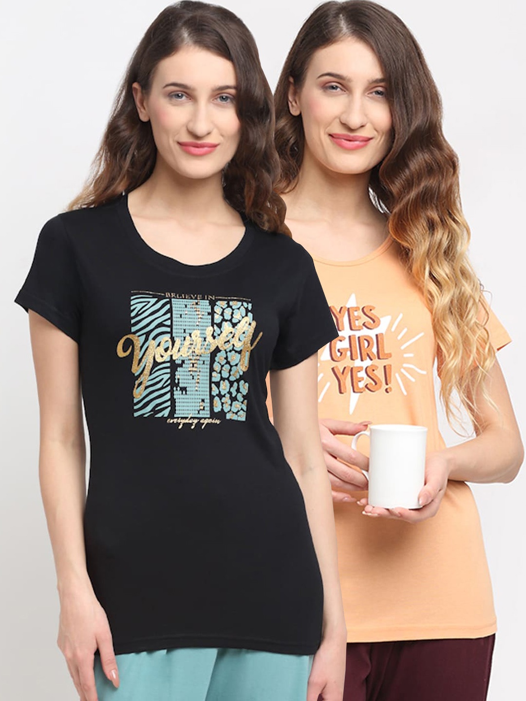 

Kanvin Women Pack Of 2 Printed Lounge T-Shirts, Black