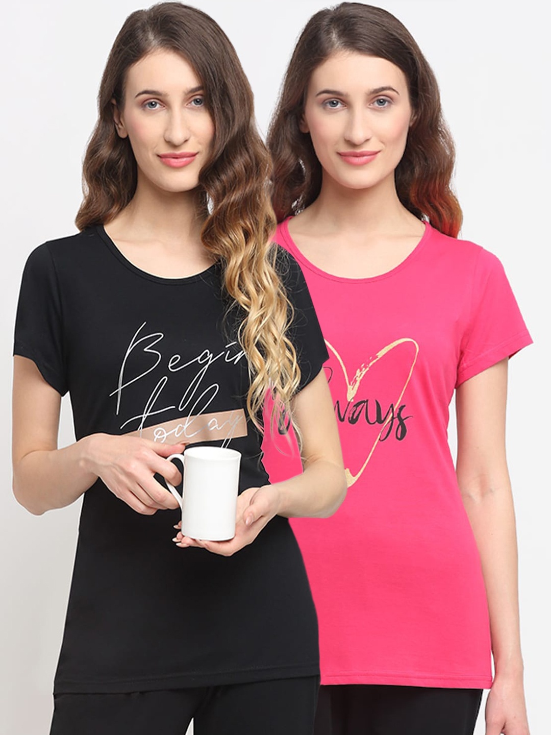 

Kanvin Women Pack Of 2 Printed Lounge T-Shirts, Pink