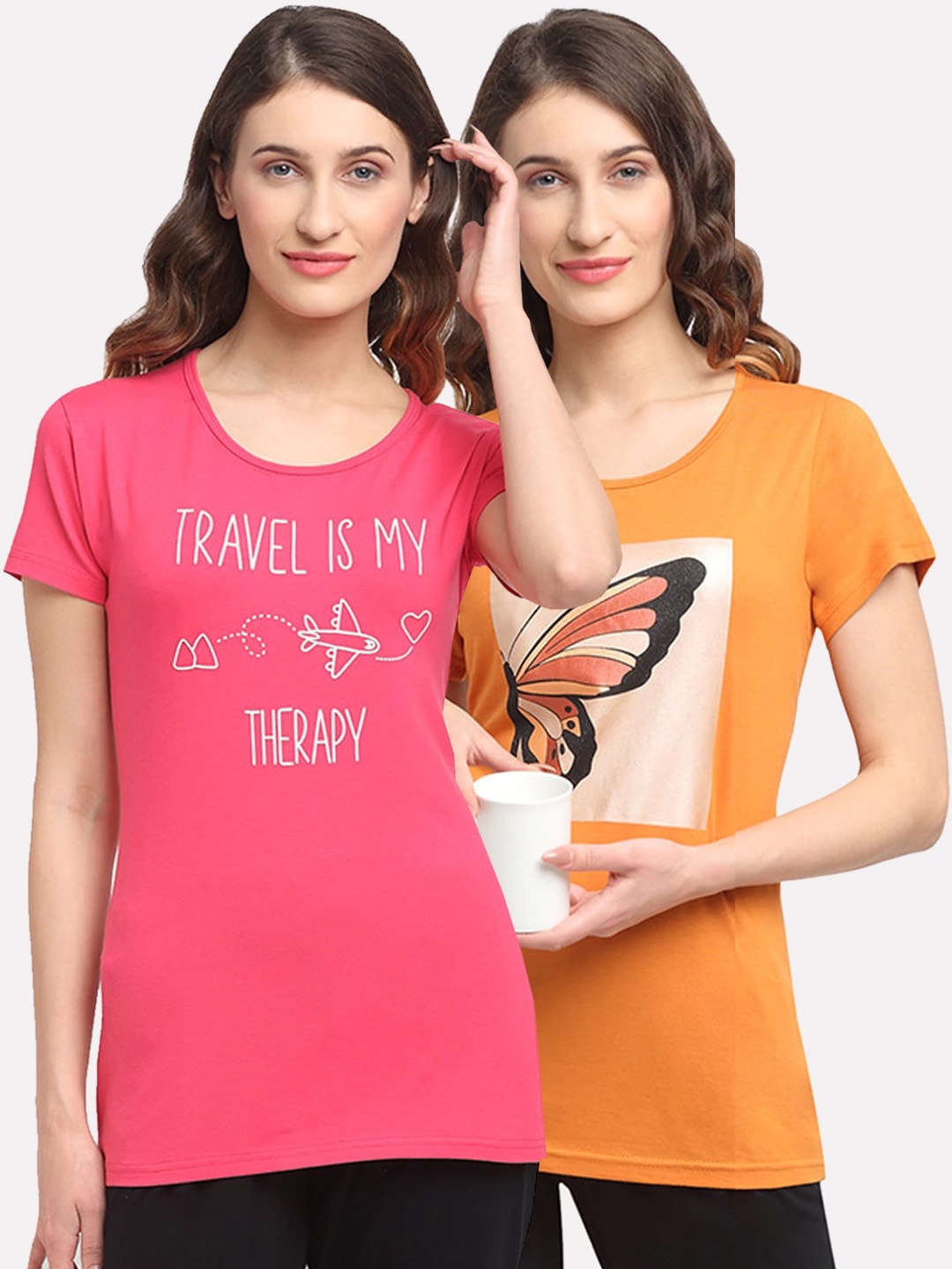 

Kanvin Women Pack Of 2 Printed Lounge T-Shirts, Pink