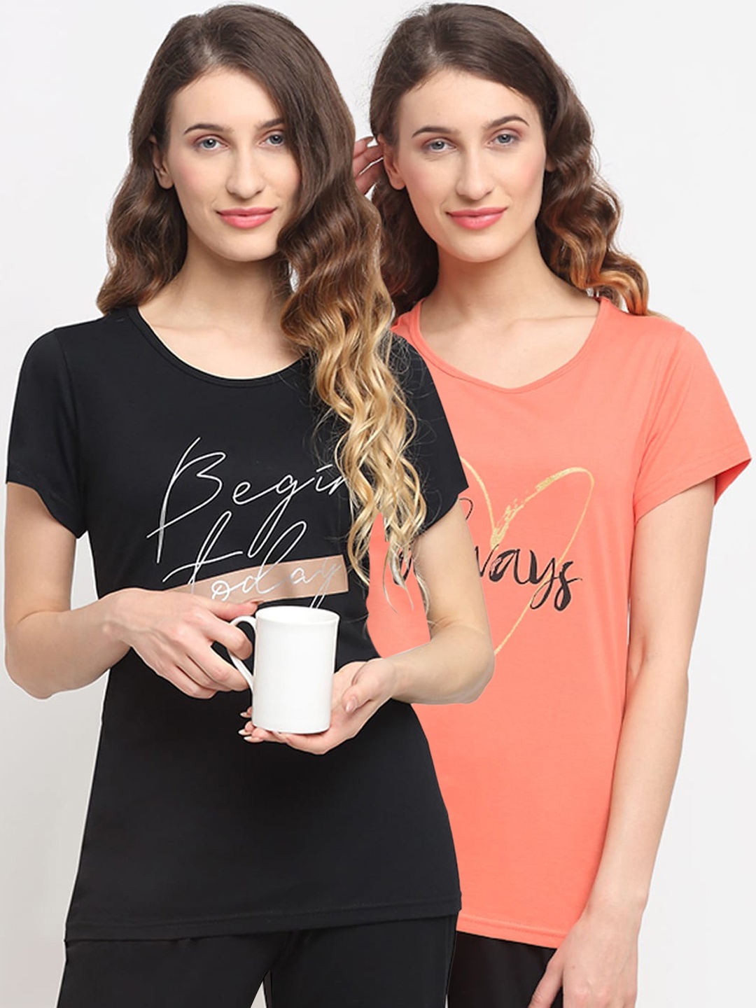 

Kanvin Women Pack Of 2 Printed Lounge T-Shirts, Orange