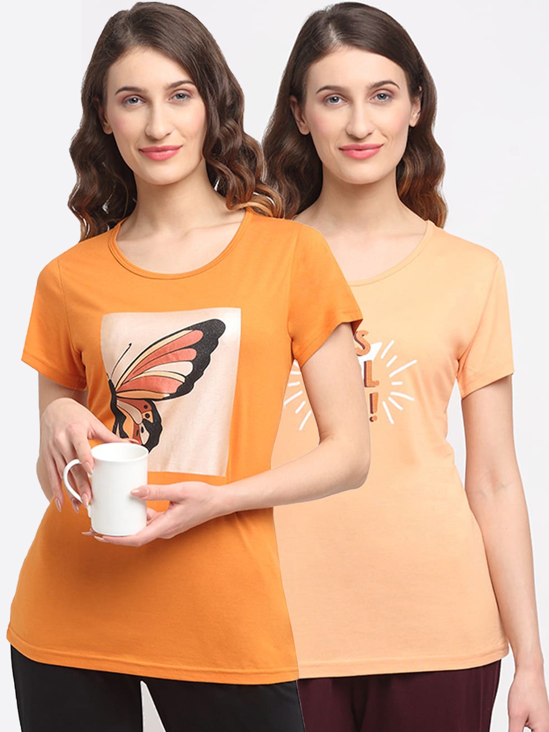 

Kanvin Women Pack Of 2 Printed Lounge T-Shirts, Peach