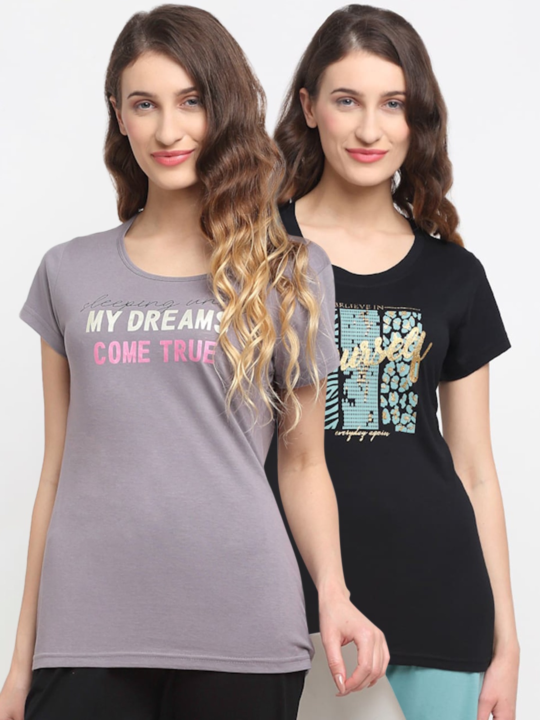 

Kanvin Women Pack Of 2 Printed Lounge T-Shirts, Black