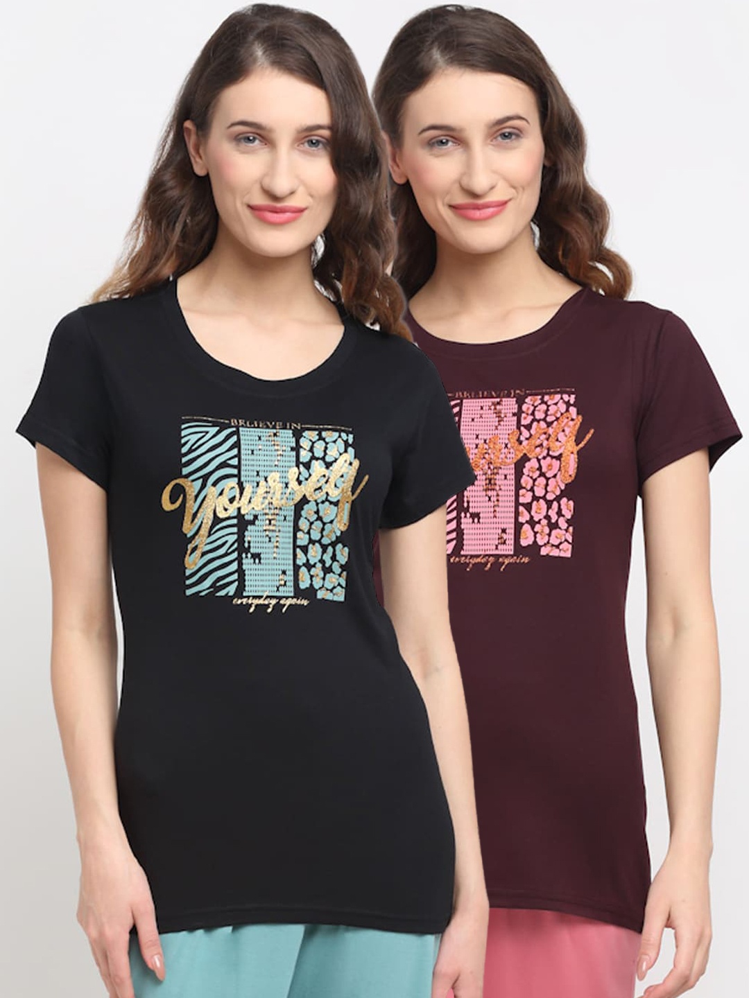 

Kanvin Women Pack Of 2 Printed Lounge T-Shirts, Black