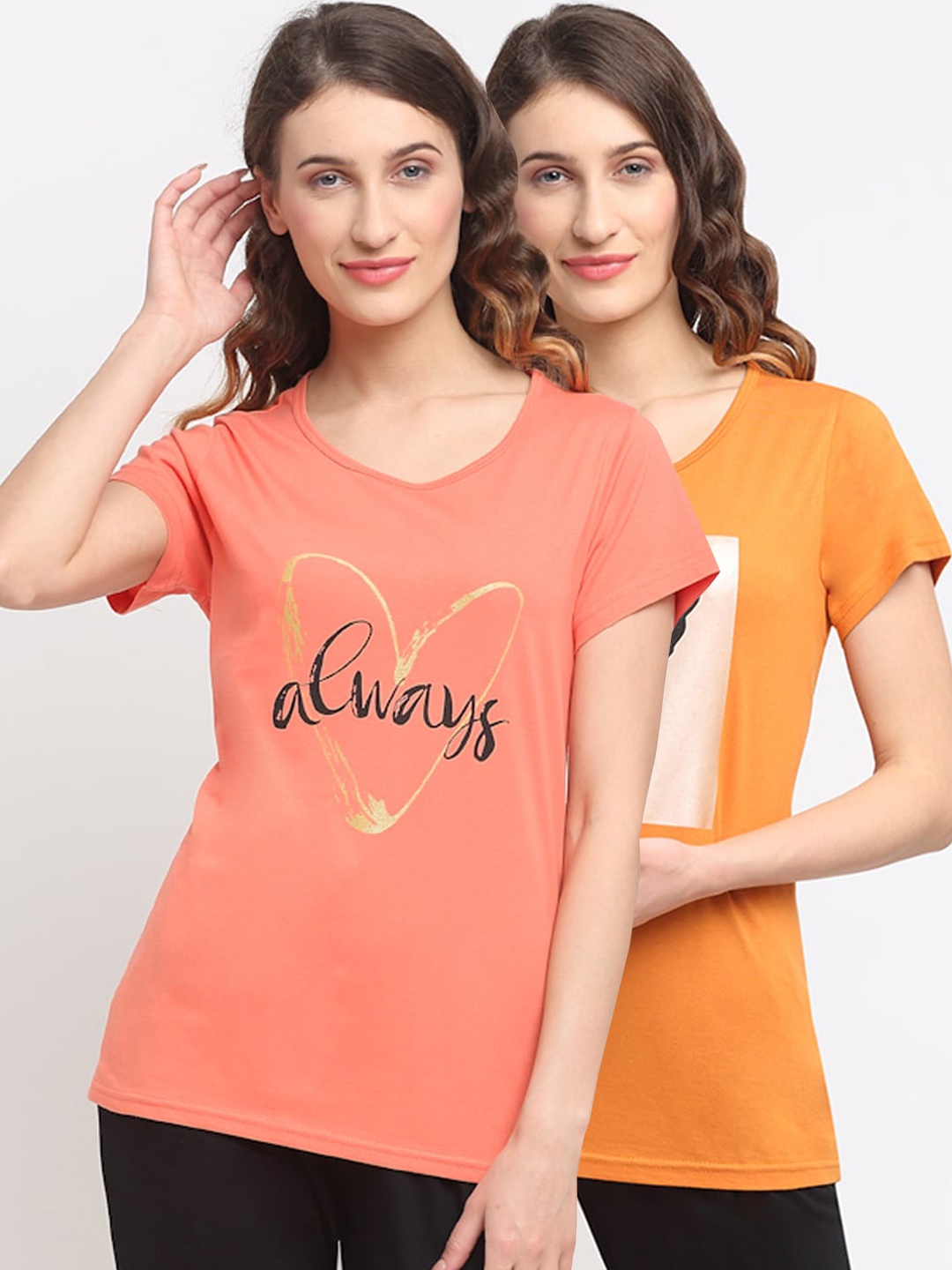 

Kanvin Women Pack of 2 Printed Lounge T-shirts, Orange