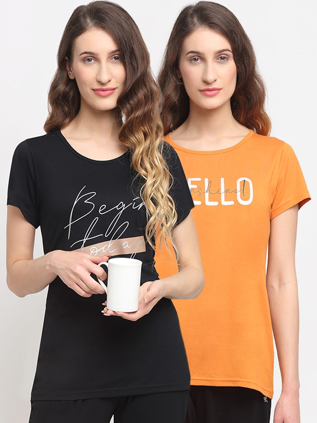 

Kanvin Women Pack Of 2 Printed Lounge T-Shirts, Orange