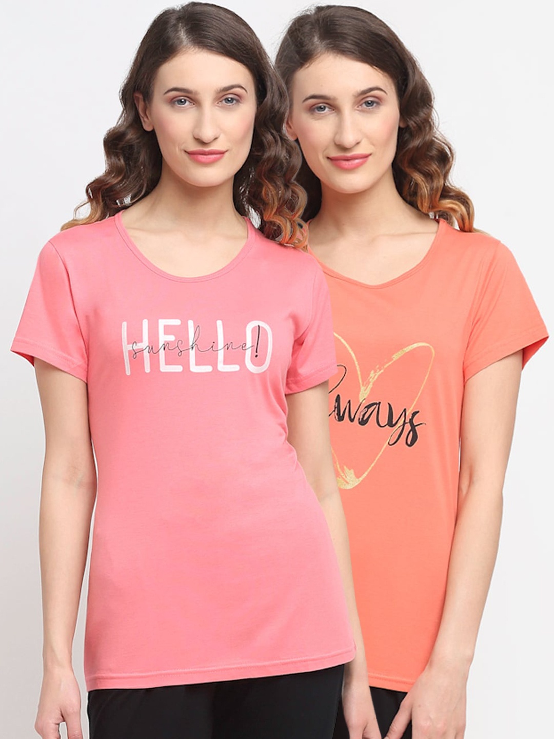 

Kanvin Women Pack of 2 Peach & Pink Printed Cotton Lounge Tshirts