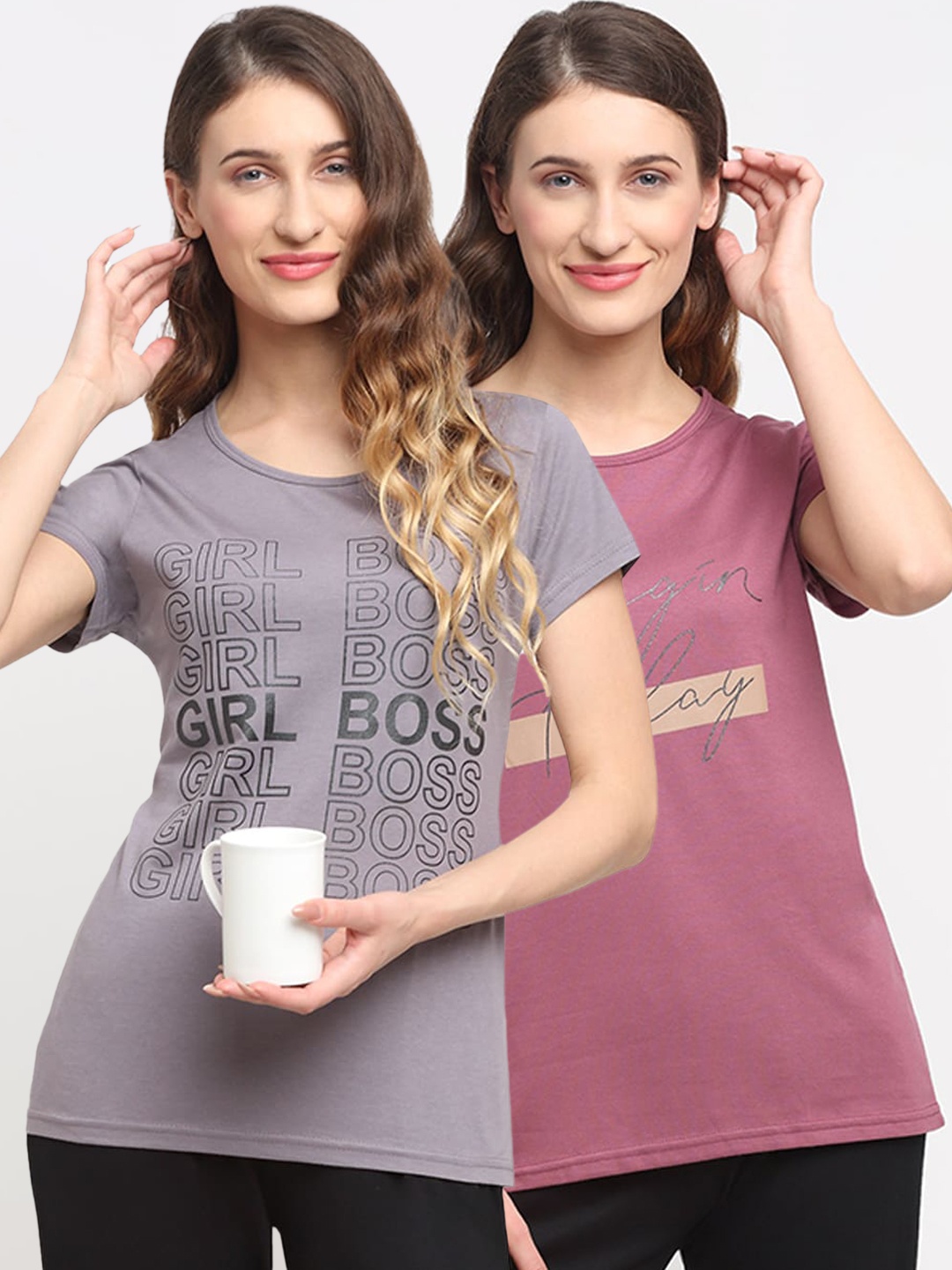 

Kanvin Women Pack Of 2 Printed Lounge T-Shirts, Purple