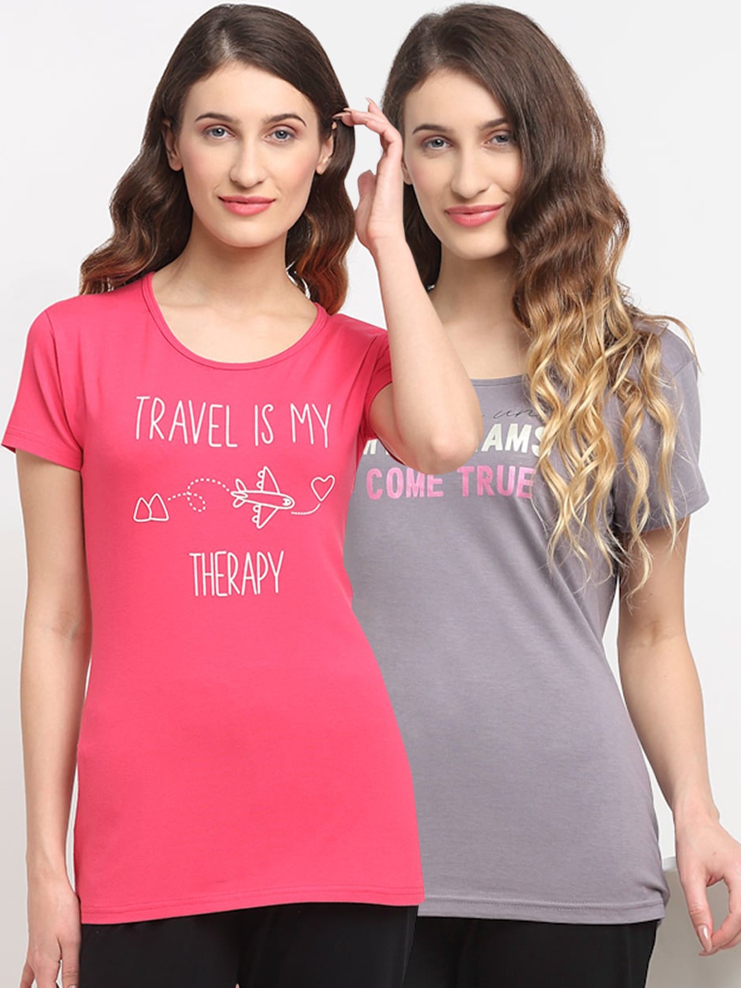 

Kanvin Women Pack Of 2 Printed Lounge T-Shirts, Pink