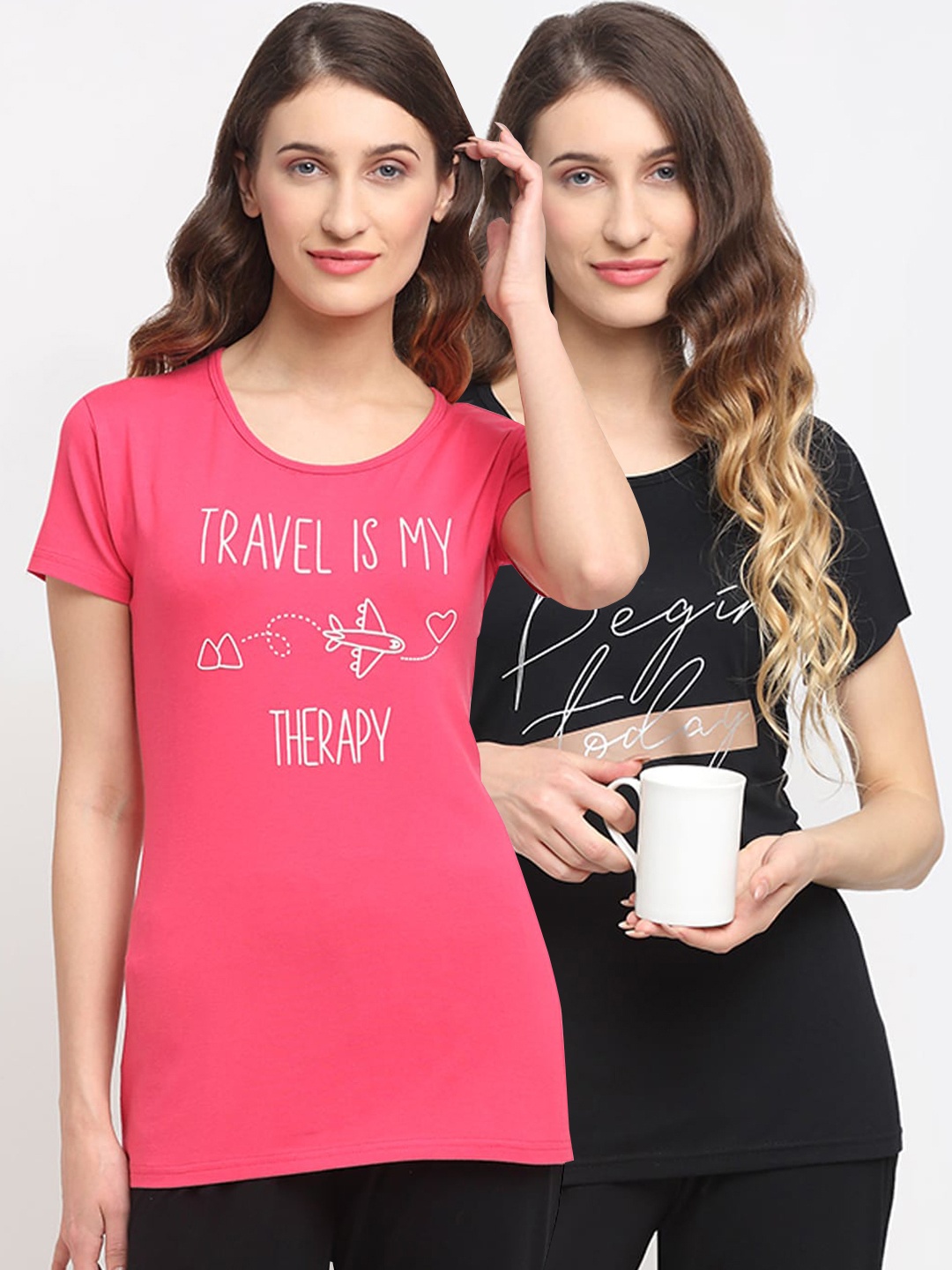 

Kanvin Women Pack Of 2 Printed Lounge T-Shirts, Pink